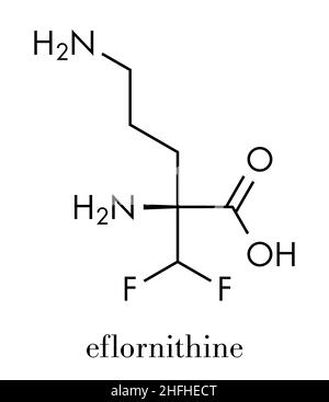 Eflornithine drug molecule. Used to treat facial hirsutism (excessive hair growth) and African trypanosomiasis (sleeping sickness). Skeletal formula. Stock Vector