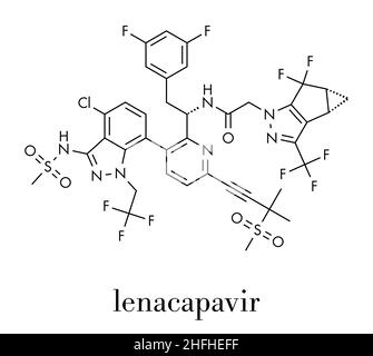 Lenacapavir antiviral drug molecule. Skeletal formula. Stock Vector