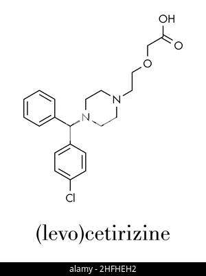 Cetirizine (levocetirizine) antihistamine drug molecule. Used to treat hay fever, urticaria and allergies. Skeletal formula. Stock Vector