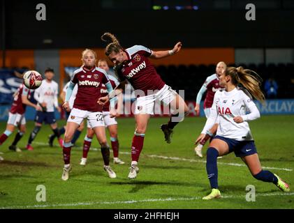 West Ham United's Claudia Walker heads the ball during the Barclays FA Women's Super League match at The Hive, Barnet. Picture date: Sunday January 16, 2022. Stock Photo