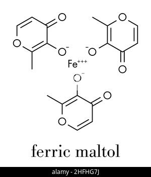 Ferric maltol iron deficiency drug molecule. Skeletal formula. Stock Vector