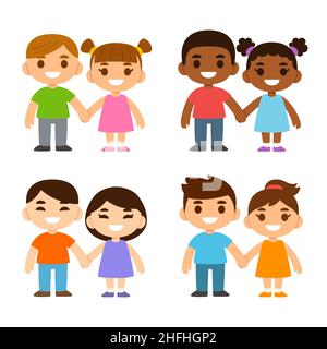 Four pairs of cute cartoon boys and girls holding hands. Little friends or siblings. Caucasian, Black and Asian. Stock Vector