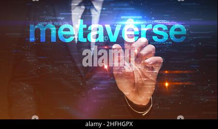 Metaverse concept, businessman investing in virtual reality world focused on social connection, selective focus Stock Photo