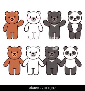 Cute cartoon bears set: brown, black, white and panda bear. Waving and holding hands. Kawaii character vector illustration. Stock Vector