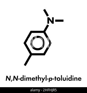 N,N-dimethyl-p-toluidine (DMPT) molecule. Commonly used as catalyst in the production of polymers and in dental materials and bone cements. Skeletal f Stock Vector