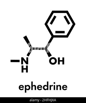 Ephedrine stimulant drug molecule. Alkaloid found in Ephedra plants. Used as stimulant, appetite suppressant, decongestant, etc. Skeletal formula. Stock Vector