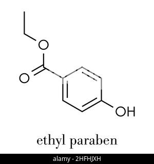 Ethyl paraben (ethyl para-hydroxybenzoate) preservative molecule. Skeletal formula. Stock Vector