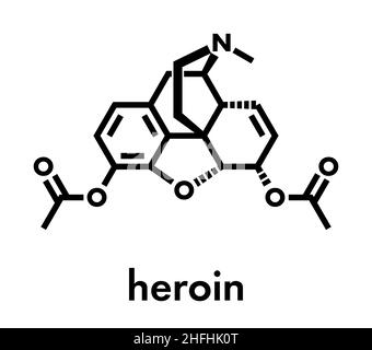 Heroin (diacetylmorphine, morphine diacetate, diamorphine) opioid drug molecule. Skeletal formula. Stock Vector