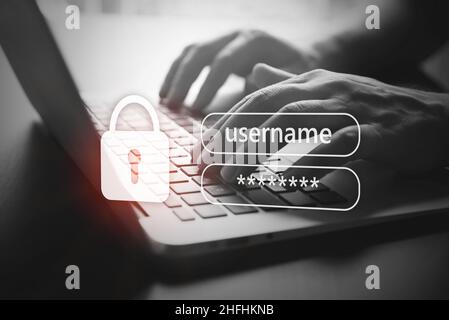 Network security concept, security systems. Hands typing on keyboard Stock Photo