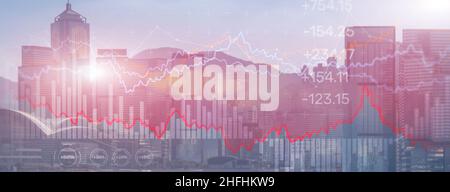 Double exposure Financial graphs and diagrams. Business, economics and investment concept on modern city background. Stock Photo