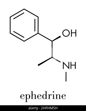 Ephedrine stimulant drug molecule. Alkaloid found in Ephedra plants. Used as stimulant, appetite suppressant, decongestant, etc. Skeletal formula. Stock Vector