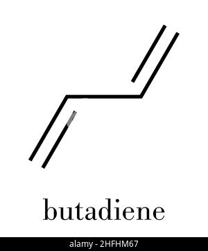 Butadiene (1,3-butadiene) synthetic rubber building block molecule. Used in synthesis of polybutadiene, ABS and other polymeric materials. Skeletal fo Stock Vector