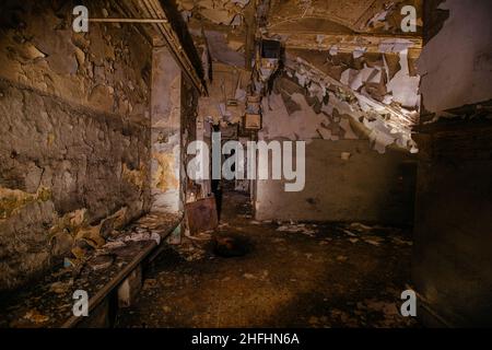 Dark dirty abandoned basement under old house Stock Photo