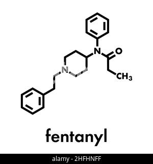 Fentanyl (fentanil) opioid analgesic drug, chemical structure. Conventional  skeletal formula and stylized representation, showing atoms (except  hydrogen) as color coded circles.