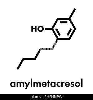 Amylmetacresol antiseptic drug molecule. Used in lozenges to treat sore throat. Skeletal formula. Stock Vector