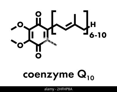 Coenzyme Q10 (ubiquinone, ubidecarenone, CoQ10) molecule, chemical structure. Plays an essential role in the production of cellular energy; has antiox Stock Vector