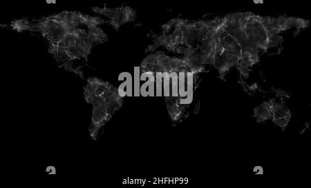 World map network. Social network connection. Connecting people on the internet, nodes transforming into the shape of a world map. Growing connections Stock Photo