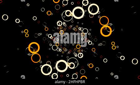 Many small colored circles appear on a dark background and move slowly, seamless loop. Beautiful yellow and orange rings in 3D motion falling down. Stock Photo