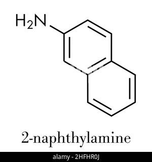 2-naphthylamine carcinogen molecule. Sources include cigarette smoke. May play a role in development of bladder cancer. Skeletal formula. Stock Vector