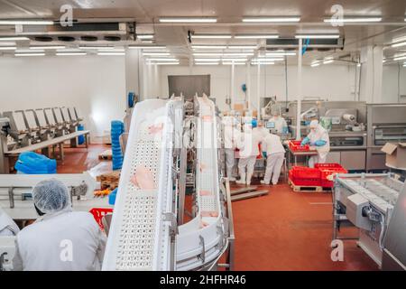 Chicken fillet production line . Factory for the production of food from meat.Modern poultry processing plant.Conveyor Belt Food.The meat factory. Stock Photo