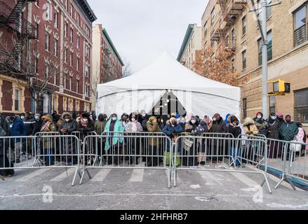 Bronx, USA. 16th Jan, 2022. A mass funeral for 15 residents of the Twin Parks building fire which killed 17 people including 8 children was held today at the New Islamic Center in The Bronx. Hundreds came out to pay their respects and show support. Bronx, NY USA January 16, 2022 (Photo by Steve Sanchez/SipaUSA). Credit: Sipa USA/Alamy Live News Stock Photo