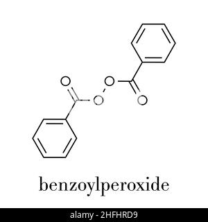 Benzoyl peroxide acne treatment drug molecule. Also used to dye hair and whiten teeth (bleaching). Skeletal formula. Stock Vector