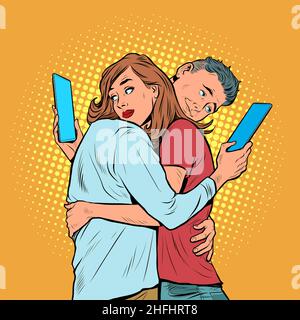 A couple of a man and a woman are watching smartphones. Problems dependence on social networks Stock Vector