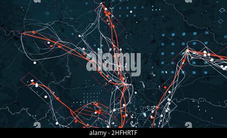 Hacker programing in technology enviroment with cyber icons and symbols. Abstract animation with unrecognizable hooded hacker hacking artificial neura Stock Photo