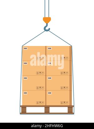 Boxes on a pallet are lifted with a crane hook. Beige cardboard closed box stack with fragile sign on wooden pallets, packaging cargo storage, industr Stock Vector