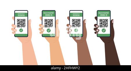 Green pass on smartphone screen with qr-code check mark flat icon. Stock Vector