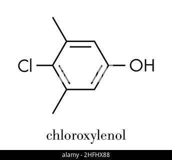 Chloroxylenol antiseptic molecule. Disinfectant used against bacteria, algae, fungi and viruses. Skeletal formula. Stock Vector