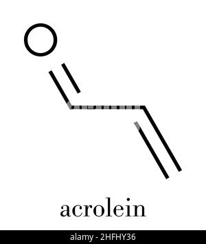 Acrolein (propenal) molecule. Toxic molecule that is formed when fat or oil is heated and is present in e.g. french fries.  Skeletal formula. Stock Vector