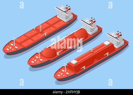 Isometric LNG carrier, an LNG carrier is a tank ship designed for transporting liquefied natural gas Import or export gas with tanker ship Stock Vector