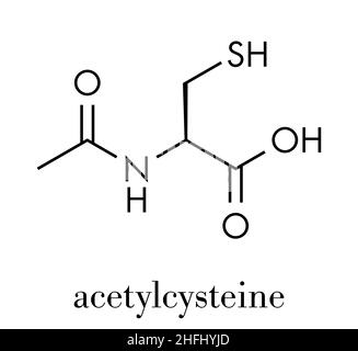 Acetylcysteine (NAC) mucolytic drug molecule. Also used to treat paracetamol overdose, Skeletal formula. Stock Vector