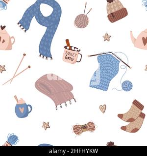 Cozy seamless pattern in hygge style. Pattern with knitting and coffee with marshmallows. Vector in flat style Stock Vector