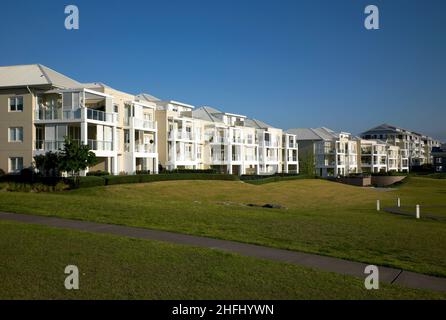 Colour photograph of apartments, Breakfast Point residential village, Breakfast Point, Sydney, New South Wales, Australia, 2014. Stock Photo