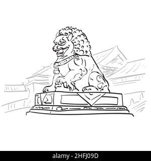 Big bronze lion in forbidden city in Beijing landmark of China illustration vector hand drawn isolated on white background line art. Stock Vector