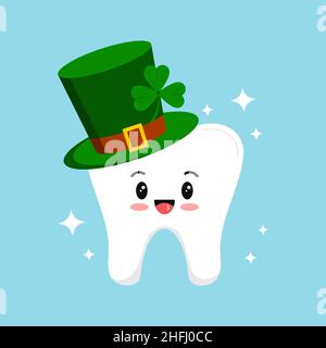 St Patrick day tooth in green leprechaun hat with shamrock and sparkles. Stock Vector