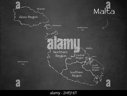 Malta map, Current regions and names, design card blackboard chalkboard vector Stock Vector