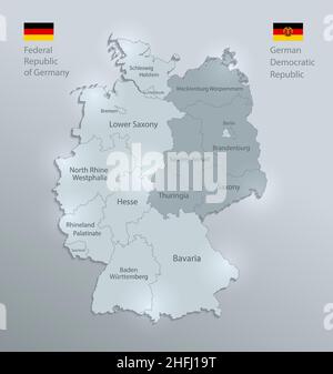 Germany map and flag divided on West and East Germany with regions, design glass card 3D vector Stock Vector