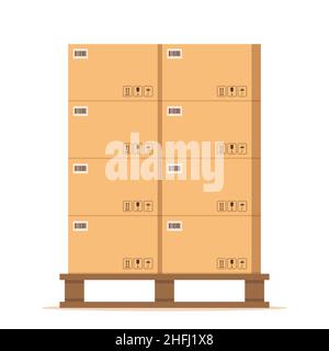 Boxes pallet. Beige cardboard closed box stack with fragile sign on wooden pallets, packaging cargo storage, industry shipment, shipping goods. Vector Stock Vector