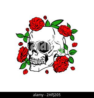 Skull and flowers. Hand drawing Skeleton and roses. Death Vector illustration Stock Vector