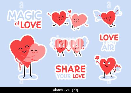 Romantic stickers with happy hearts. Vector sticker sheet for Valentines day with cute heart characters. Two angels. Couple in love holding hands Stock Vector