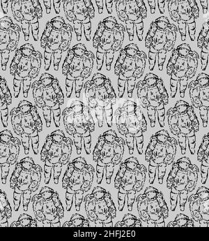 Astronaut pixel art pattern seamless. pixelated hand drawing cosmonaut background. 8bit spaceman Vector texture. Old video game graphics ornament Stock Vector