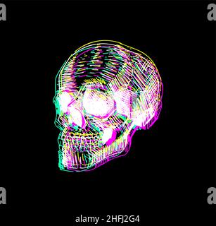 Skull glitch isolated. Hand drawing skeleton head. Vector illustration Stock Vector