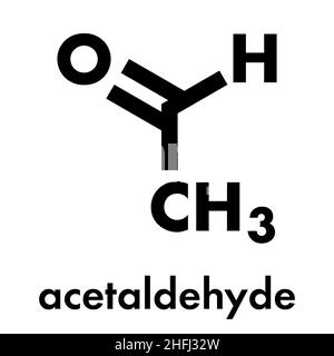Acetaldehyde (ethanal) molecule, chemical structure. Acetaldehyde is a toxic molecule responsible for many symptoms of alcohol hangover.  Skeletal for Stock Vector