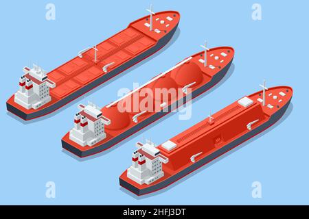 Isometric LNG carrier, an LNG carrier is a tank ship designed for transporting liquefied natural gas Import or export gas with tanker ship Stock Vector