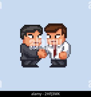 Pixel art vector retro 8 bit illustration - two cartoon male businessmen characters wearing office suits and ties shaking hands on blue background Stock Vector