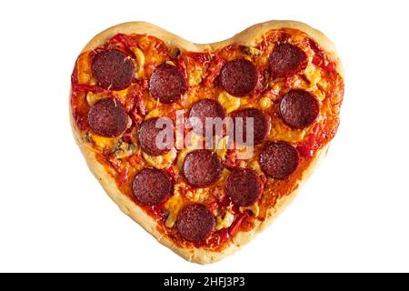 Heart shaped pepperoni pizza isolated on a white background. Valentines day gift. Festive dinner. Design for restaurants menu Stock Photo