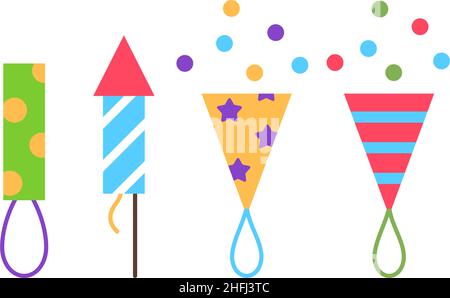 Fire crackers flat icons set isolated on white Stock Vector